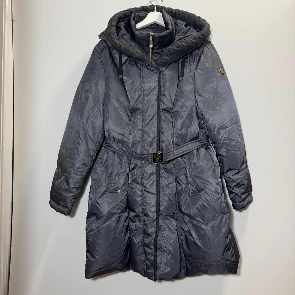 Vince Camuto Belted Down Coat Gray XXL‎ Hooded Puffer Long Jacket Knit Collar